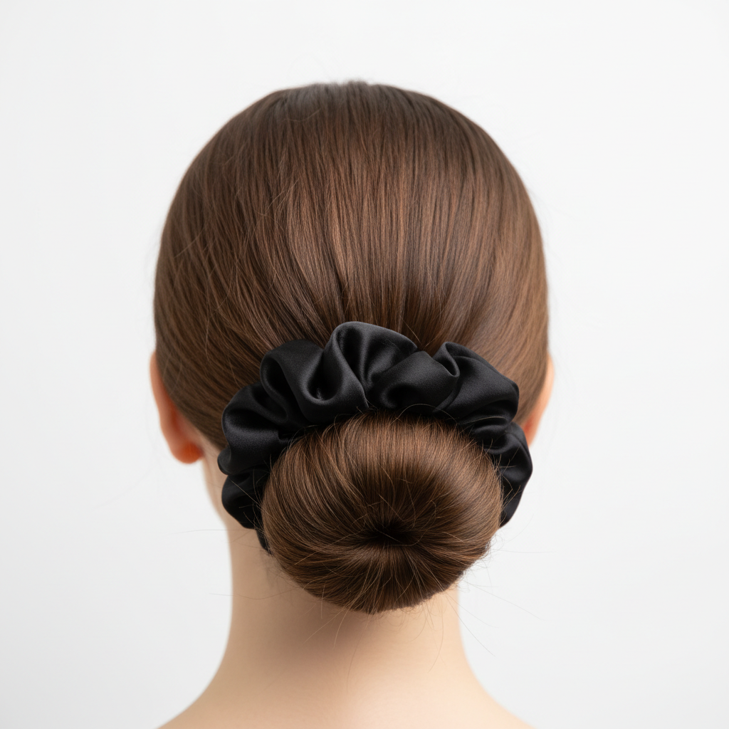 Midnight black silk scrunchie worn in an elegant low bun