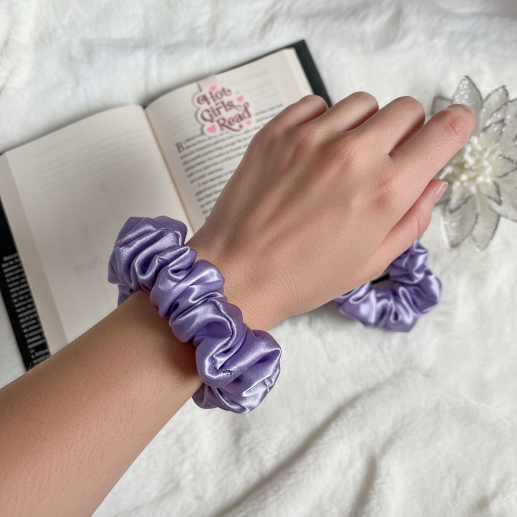 Lavender scrunchie on wrist