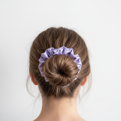 Lavender scrunchie worn in bun